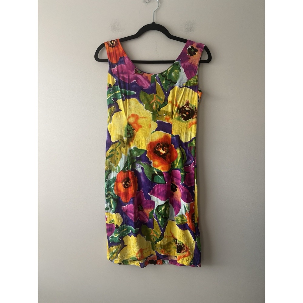 Vintage Jams World Yellow Pink Poppy Floral Sleeveless Mini Shift Dress Medium